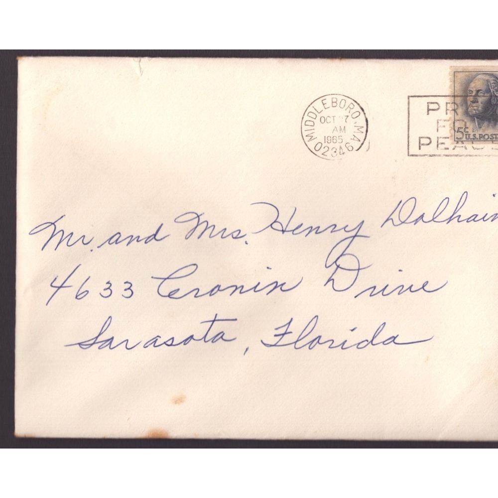 Vtg 1965 Postmarked Envelope Middleboro MA to Sarasota FL George Washington 5c - Picture 1 of 2